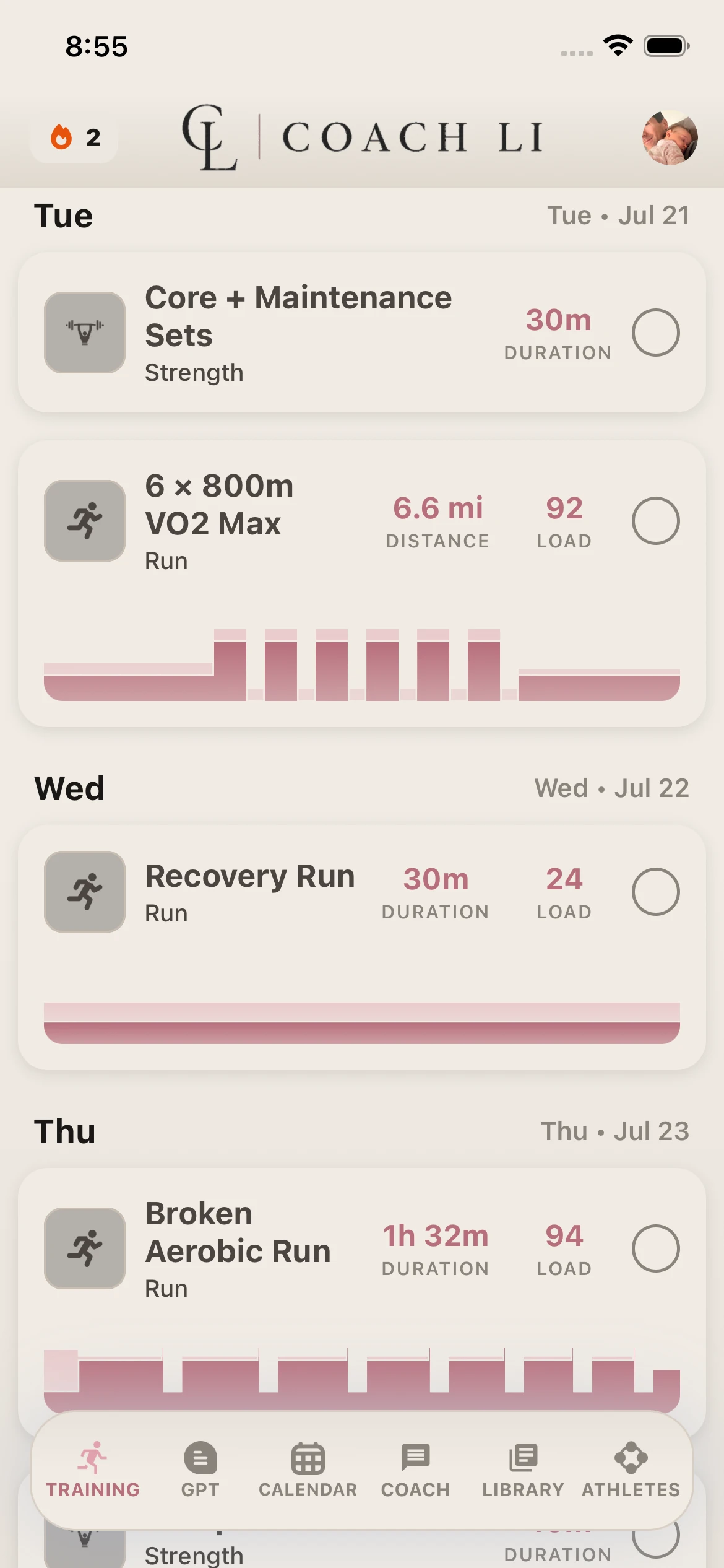 Coach Li branded athlete training schedule in the white-label app